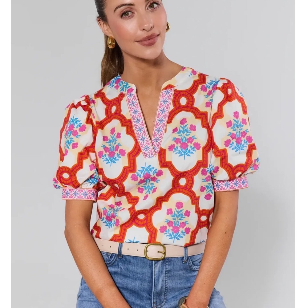 Avara AVT21254 Floral Puff Sleeve Top Women Size S Multi-Color Embroidered Boho
